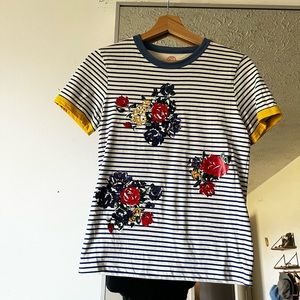 Tory Burch Striped Floral Embroidered T-Shirt, Fresh Strip Tea Rose, Size XS